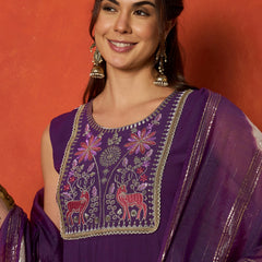 Stylum Women's Purple Solid & Embroidered Rayon A-Line Kurta With Dupatta (KDPURPLEJERSEY)