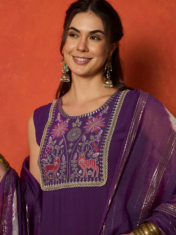 Stylum Women's Purple Solid & Embroidered Rayon A-Line Kurta With Dupatta (KDPURPLEJERSEY)