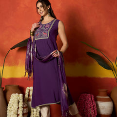 Stylum Women's Purple Solid & Embroidered Rayon A-Line Kurta With Dupatta (KDPURPLEJERSEY)
