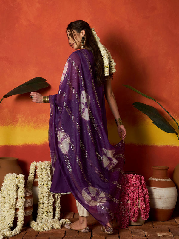 Stylum Women's Purple Solid & Embroidered Rayon A-Line Kurta With Dupatta (KDPURPLEJERSEY)
