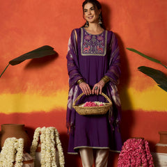 Stylum Women's Purple Solid & Embroidered Rayon A-Line Kurta With Dupatta (KDPURPLEJERSEY)