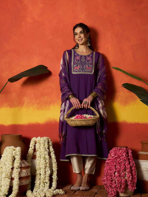 Stylum Women's Purple Solid & Embroidered Rayon A-Line Kurta With Dupatta (KDPURPLEJERSEY)