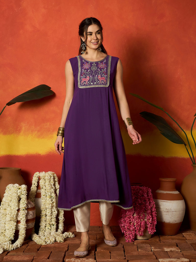 Stylum Women's Purple Solid & Embroidered Rayon A-Line Kurta With Dupatta (KDPURPLEJERSEY)
