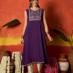 Stylum Women's Purple Solid & Embroidered Rayon A-Line Kurta With Dupatta (KDPURPLEJERSEY)