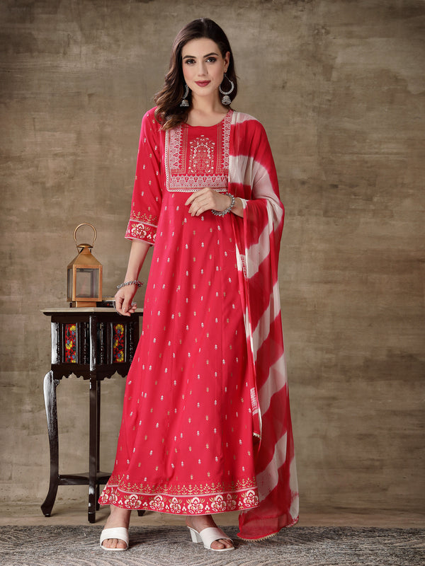 Rani Color Rayon Anarkali Kurta With Dupatta