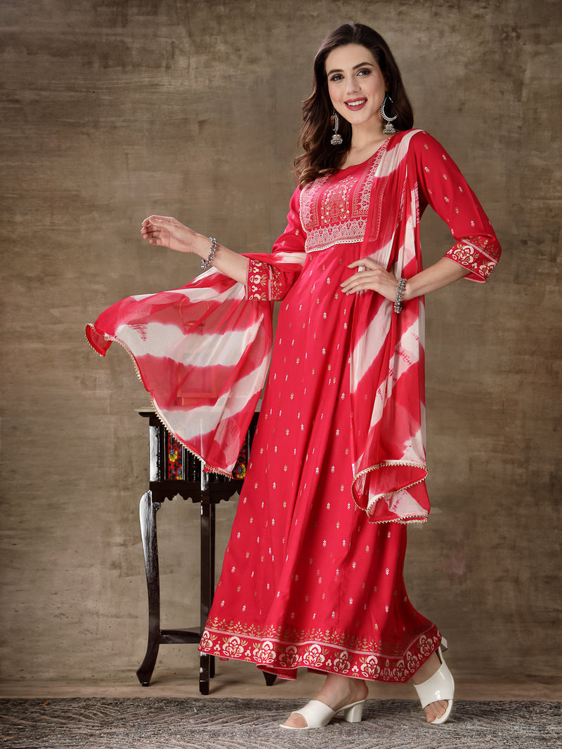 Rani Color Rayon Anarkali Kurta With Dupatta