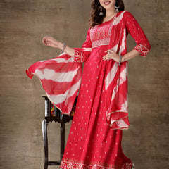 Rani Color Rayon Anarkali Kurta With Dupatta
