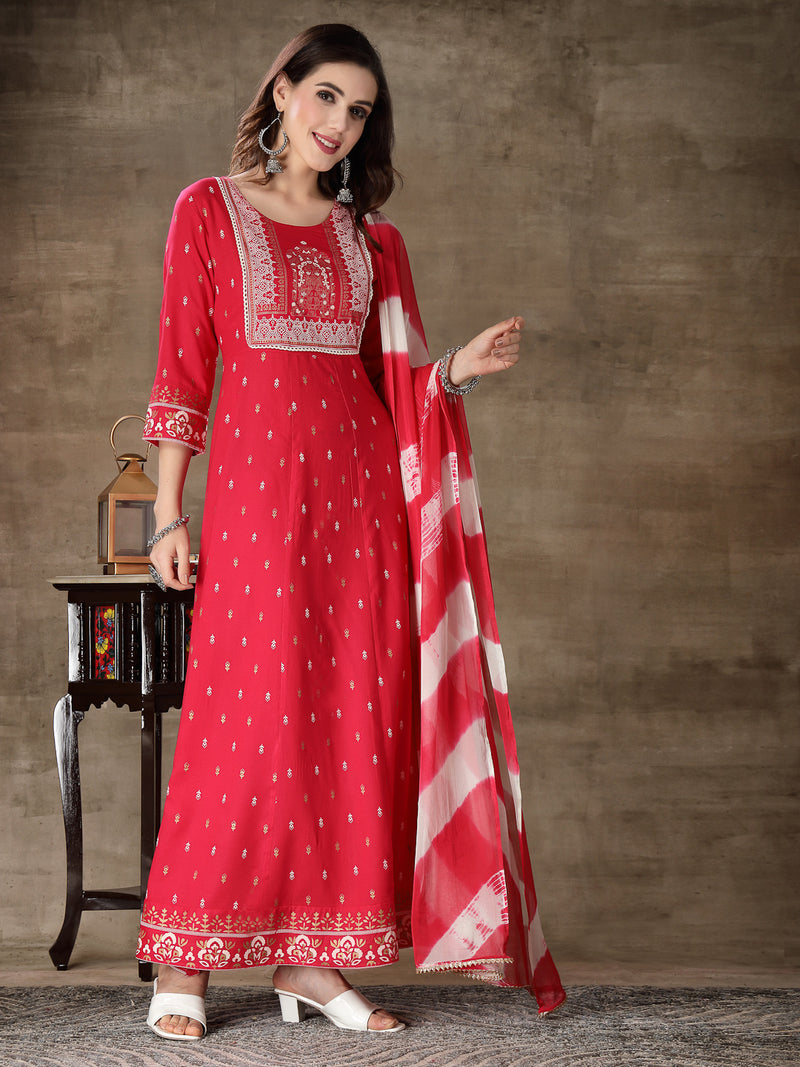 Stylum Women's Printed Rayon Anarkali Kurta With Dupatta (KDRANIPINK)