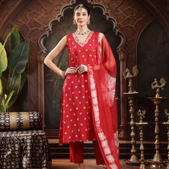 Stylum Women's Red Floral Printed & Embroidered Rayon A-Line Kurta With Dupatta (KDREDRASNA)