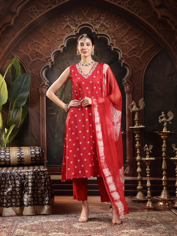 Stylum Women's Red Floral Printed & Embroidered Rayon A-Line Kurta With Dupatta (KDREDRASNA)