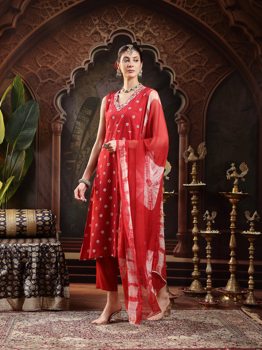 Stylum Women's Red Floral Printed & Embroidered Rayon A-Line Kurta With Dupatta (KDREDRASNA)