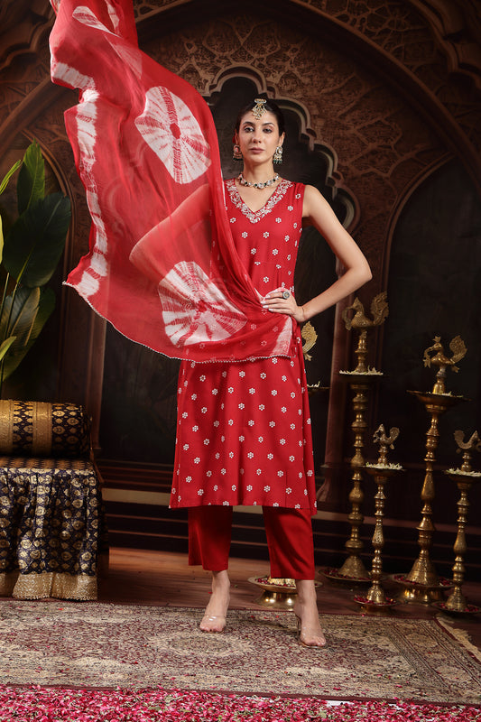 Stylum Women's Red Floral Printed & Embroidered Rayon A-Line Kurta With Dupatta (KDREDRASNA)