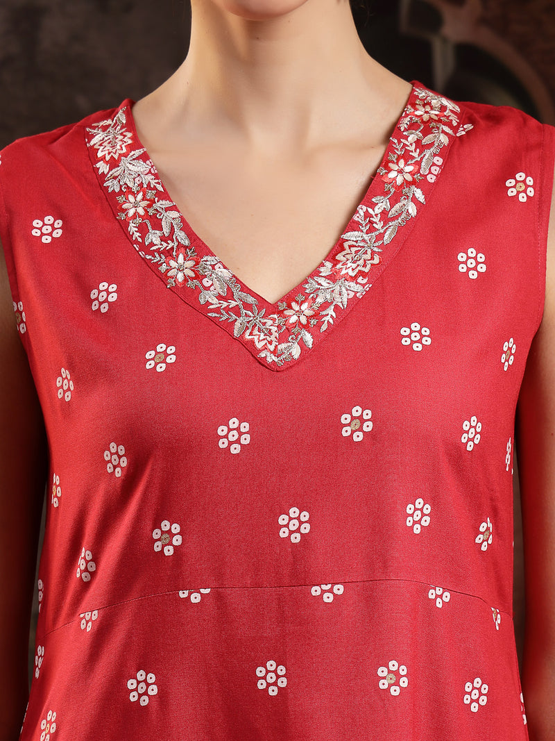 Stylum Women's Red Floral Printed & Embroidered Rayon A-Line Kurta With Dupatta (KDREDRASNA)