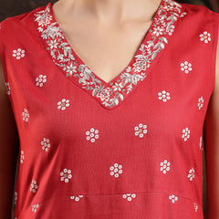 Stylum Women's Red Floral Printed & Embroidered Rayon A-Line Kurta With Dupatta (KDREDRASNA)