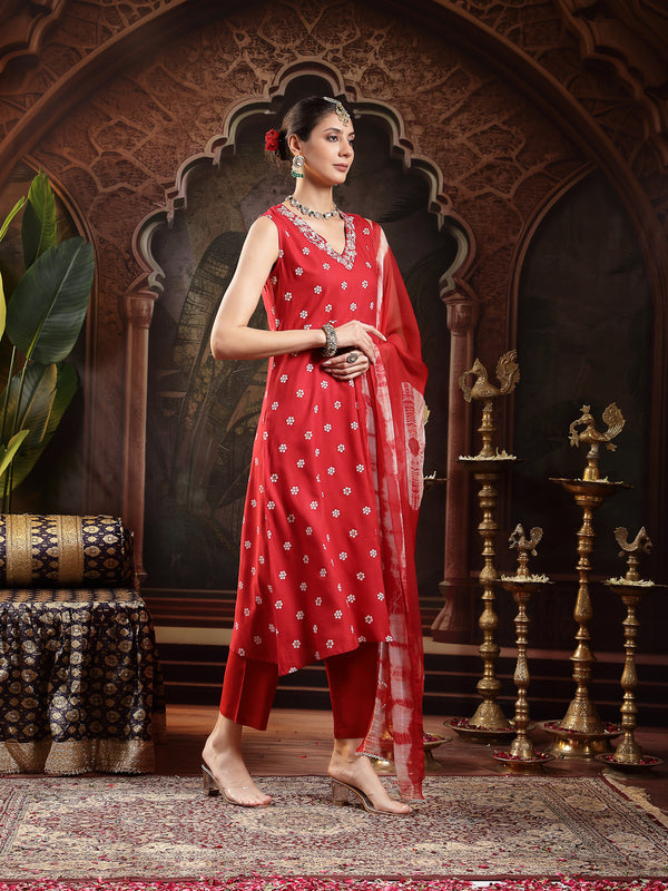 Stylum Women's Red Floral Printed & Embroidered Rayon A-Line Kurta With Dupatta (KDREDRASNA)