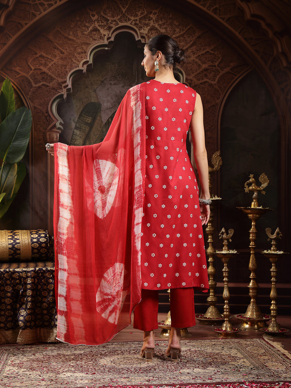 Stylum Women's Red Floral Printed & Embroidered Rayon A-Line Kurta With Dupatta (KDREDRASNA)