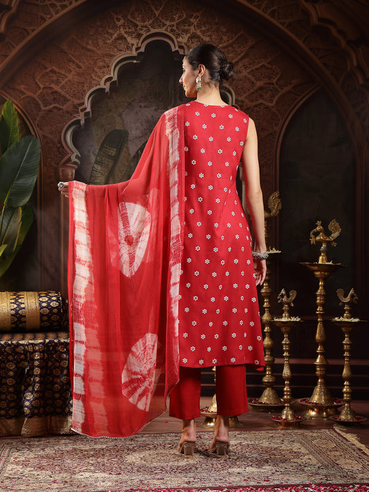 Stylum Women's Red Floral Printed & Embroidered Rayon A-Line Kurta With Dupatta (KDREDRASNA)
