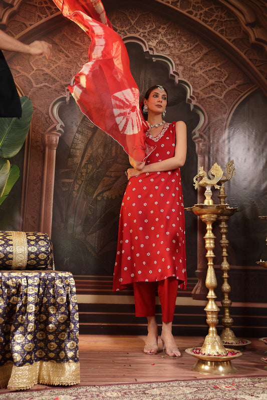 Stylum Women's Red Floral Printed & Embroidered Rayon A-Line Kurta With Dupatta (KDREDRASNA)