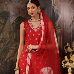 Stylum Women's Red Floral Printed & Embroidered Rayon A-Line Kurta With Dupatta (KDREDRASNA)