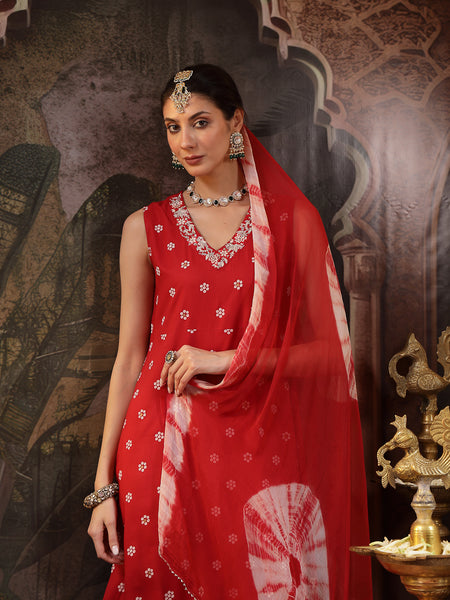 Stylum Women's Red Floral Printed & Embroidered Rayon A-Line Kurta With Dupatta (KDREDRASNA)