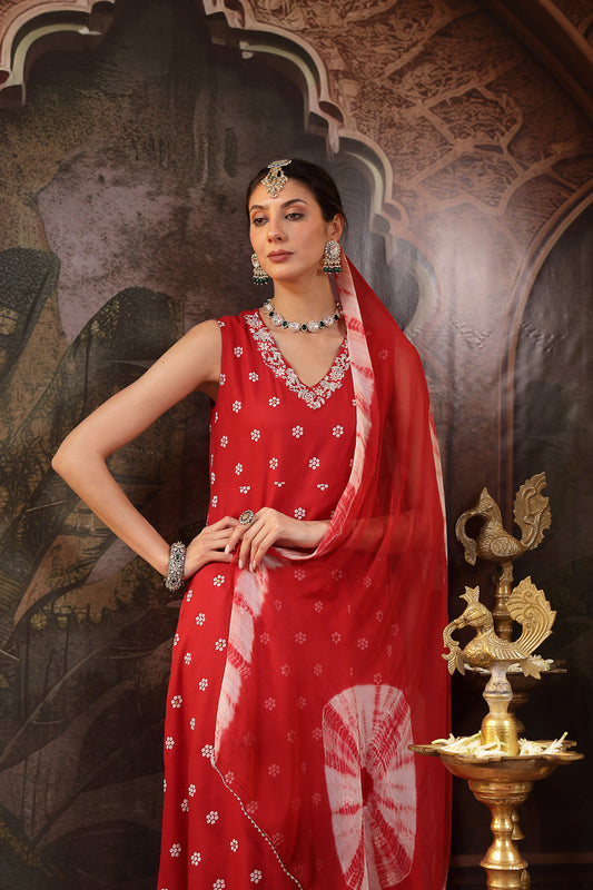 Stylum Women's Red Floral Printed & Embroidered Rayon A-Line Kurta With Dupatta (KDREDRASNA)