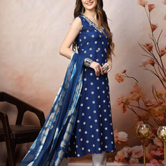 Stylum Women's Blue Floral Printed & Embroidered Rayon A-Line Kurta Dupatta Set (KDROYALRASNA)