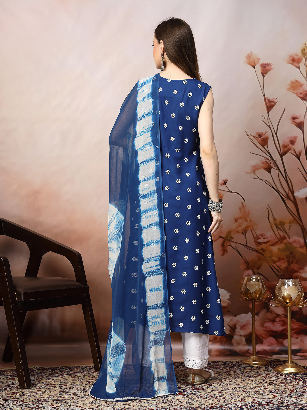 Stylum Women's Blue Floral Printed & Embroidered Rayon A-Line Kurta Dupatta Set (KDROYALRASNA)