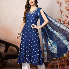 Stylum Women's Blue Floral Printed & Embroidered Rayon A-Line Kurta Dupatta Set (KDROYALRASNA)