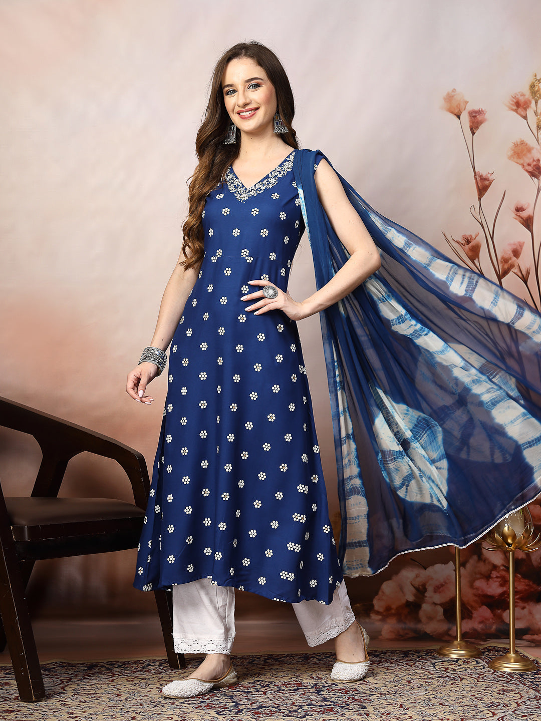 Stylum Women's Blue Floral Printed & Embroidered Rayon A-Line Kurta Dupatta Set (KDROYALRASNA)