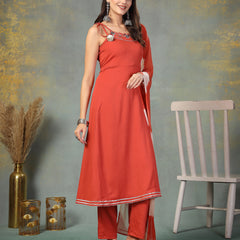Stylum Women's Rust Solid & Embroidered Poly Crepe A-Line Kurta Dupatta Set (KDRUSTHASSAL)