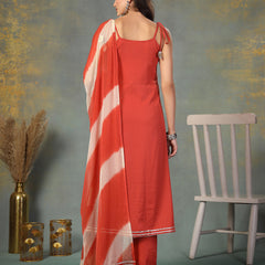 Stylum Women's Rust Solid & Embroidered Poly Crepe A-Line Kurta Dupatta Set (KDRUSTHASSAL)