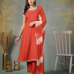 Stylum Women's Rust Solid & Embroidered Poly Crepe A-Line Kurta Dupatta Set (KDRUSTHASSAL)