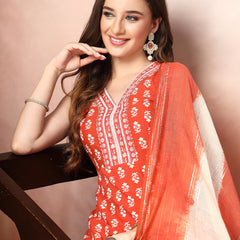 Stylum Women's Rust Printed & Embroidered Rayon A-Line Kurta Dupatta Set (KDRUSTMOKO)