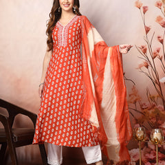 Stylum Women's Rust Printed & Embroidered Rayon A-Line Kurta Dupatta Set (KDRUSTMOKO)