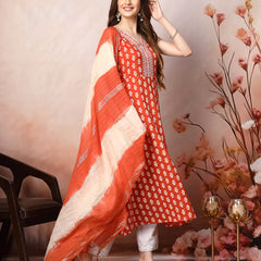 Stylum Women's Rust Printed & Embroidered Rayon A-Line Kurta Dupatta Set (KDRUSTMOKO)