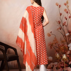 Stylum Women's Rust Printed & Embroidered Rayon A-Line Kurta Dupatta Set (KDRUSTMOKO)