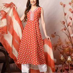 Stylum Women's Rust Printed & Embroidered Rayon A-Line Kurta Dupatta Set (KDRUSTMOKO)