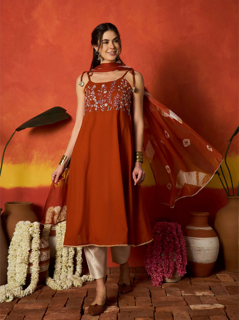 Stylum Women's Rust Solid & Embroidered Rayon A-Line Kurta With Dupatta (KDRUSTPEPPA)