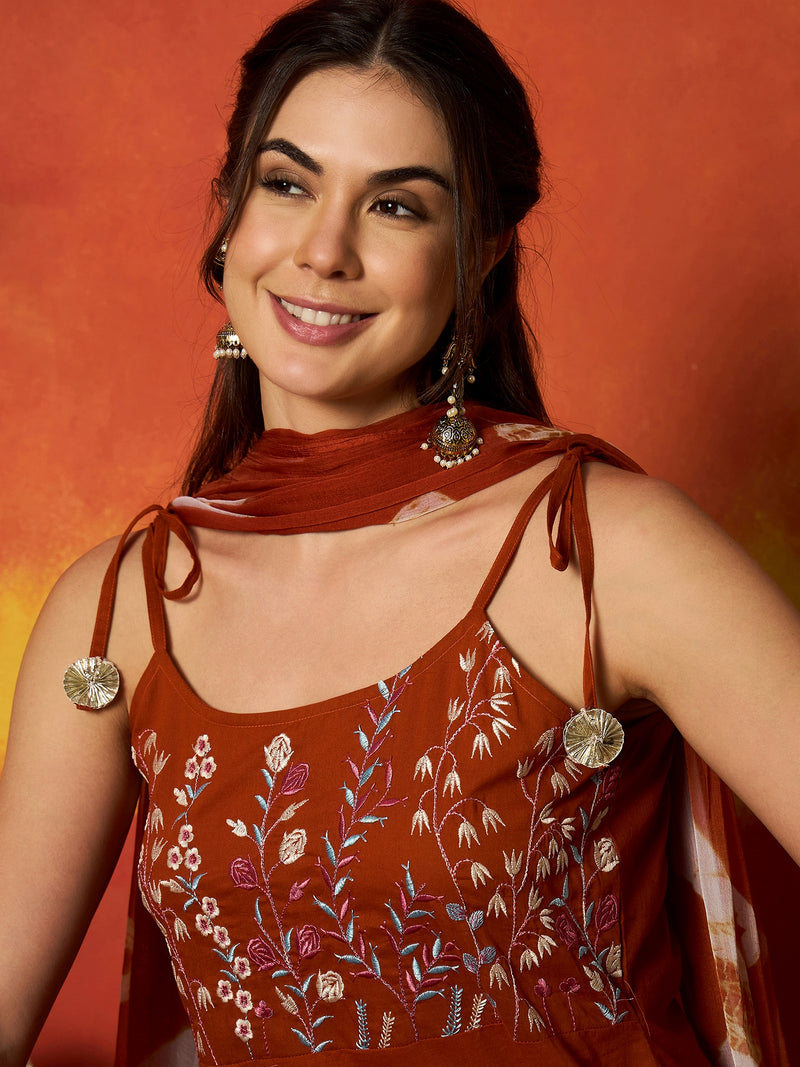 Stylum Women's Rust Solid & Embroidered Rayon A-Line Kurta With Dupatta (KDRUSTPEPPA)