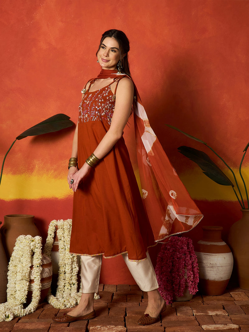 Stylum Women's Rust Solid & Embroidered Rayon A-Line Kurta With Dupatta (KDRUSTPEPPA)