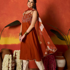 Stylum Women's Rust Solid & Embroidered Rayon A-Line Kurta With Dupatta (KDRUSTPEPPA)