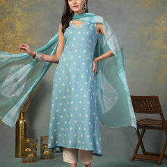 Stylum Women's Sky Blue Floral Printed & Embroidered Rayon A-Line Kurta Dupatta Set (KDSKYRASNA)