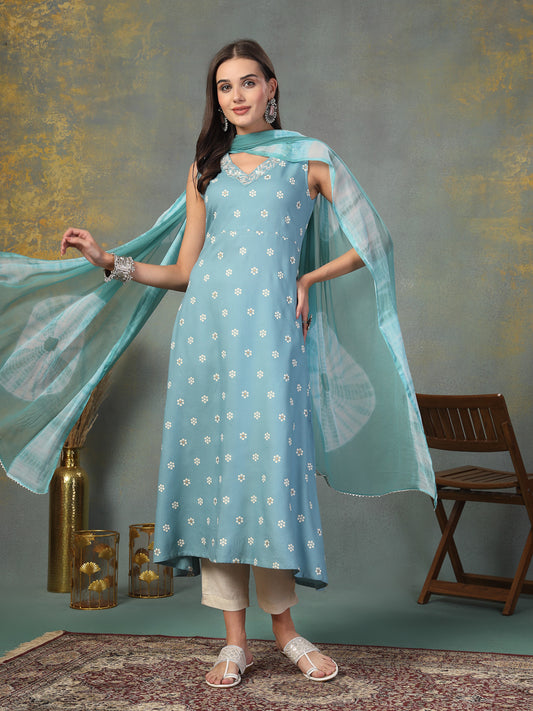 Stylum Women's Sky Blue Floral Printed & Embroidered Rayon A-Line Kurta Dupatta Set (KDSKYRASNA)