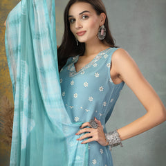 Stylum Women's Sky Blue Floral Printed & Embroidered Rayon A-Line Kurta Dupatta Set (KDSKYRASNA)