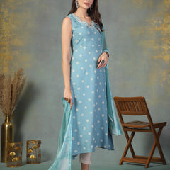 Stylum Women's Sky Blue Floral Printed & Embroidered Rayon A-Line Kurta Dupatta Set (KDSKYRASNA)