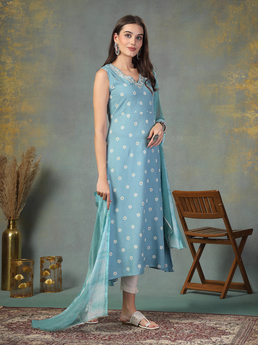 Stylum Women's Sky Blue Floral Printed & Embroidered Rayon A-Line Kurta Dupatta Set (KDSKYRASNA)