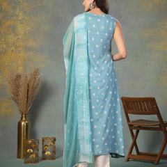 Stylum Women's Sky Blue Floral Printed & Embroidered Rayon A-Line Kurta Dupatta Set (KDSKYRASNA)