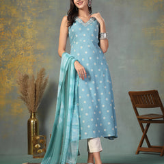 Stylum Women's Sky Blue Floral Printed & Embroidered Rayon A-Line Kurta Dupatta Set (KDSKYRASNA)