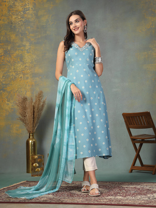 Stylum Women's Sky Blue Floral Printed & Embroidered Rayon A-Line Kurta Dupatta Set (KDSKYRASNA)