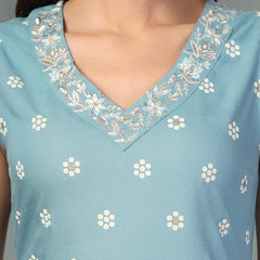 Stylum Women's Sky Blue Floral Printed & Embroidered Rayon A-Line Kurta Dupatta Set (KDSKYRASNA)